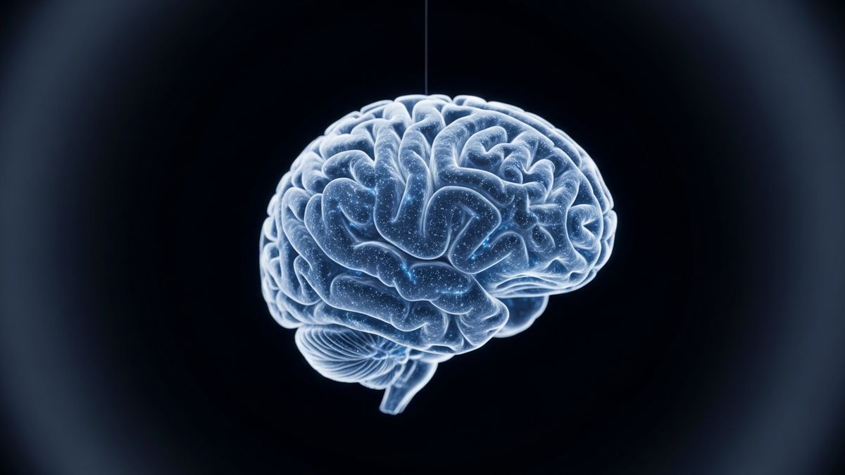 Extreme macro of a cerebral brain organoid showing self-organized cortical-like layering with faint blue luminescence, suspended in clear medium against a black background.