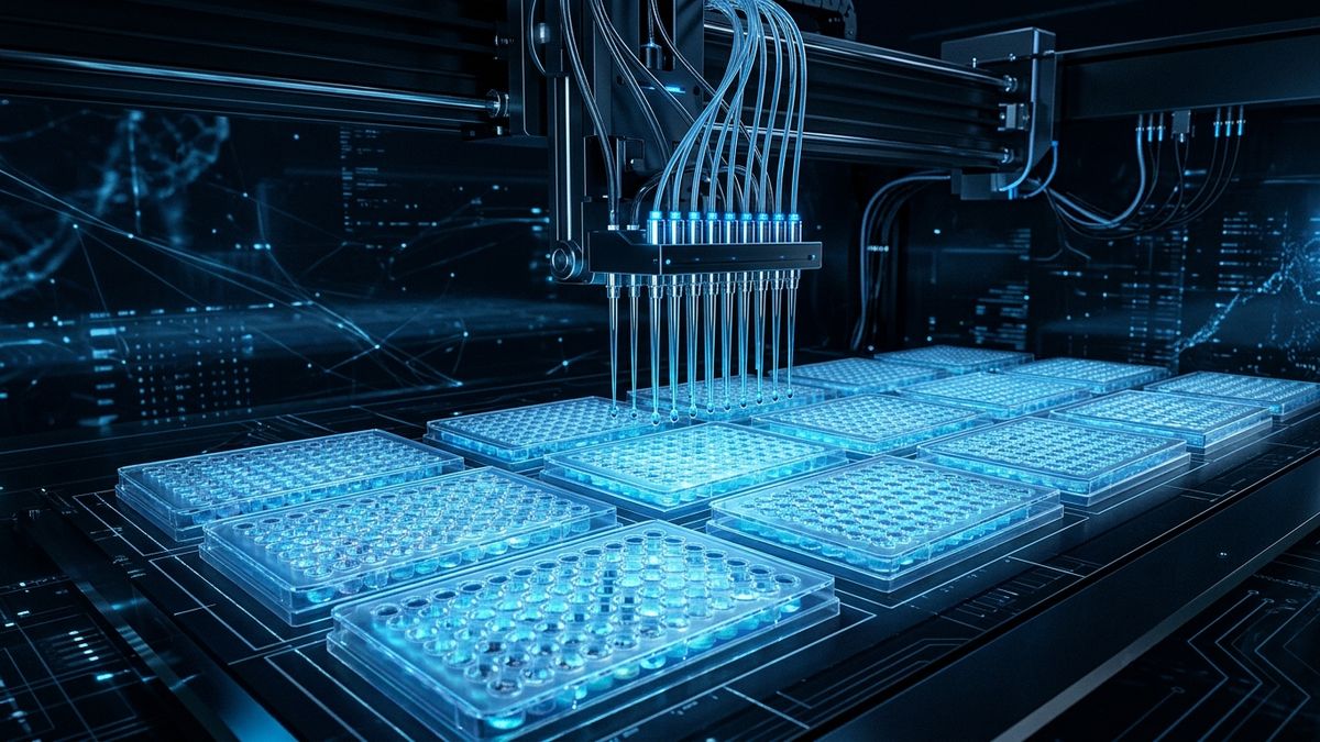Rows of culture plates under a robotic liquid-handling arm in cool blue light.