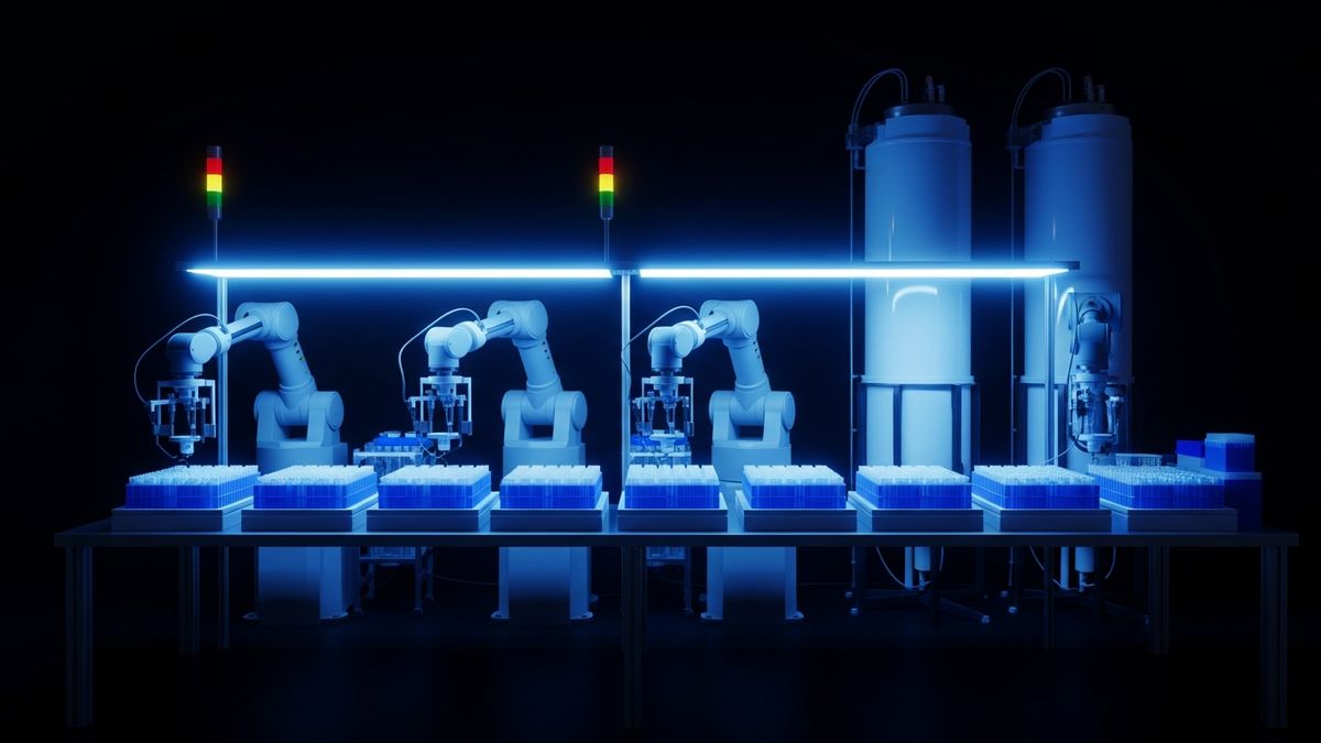 An automated cleanroom with robotic liquid-handling arms over rows of culture plates and bioreactors, in cool blue light.